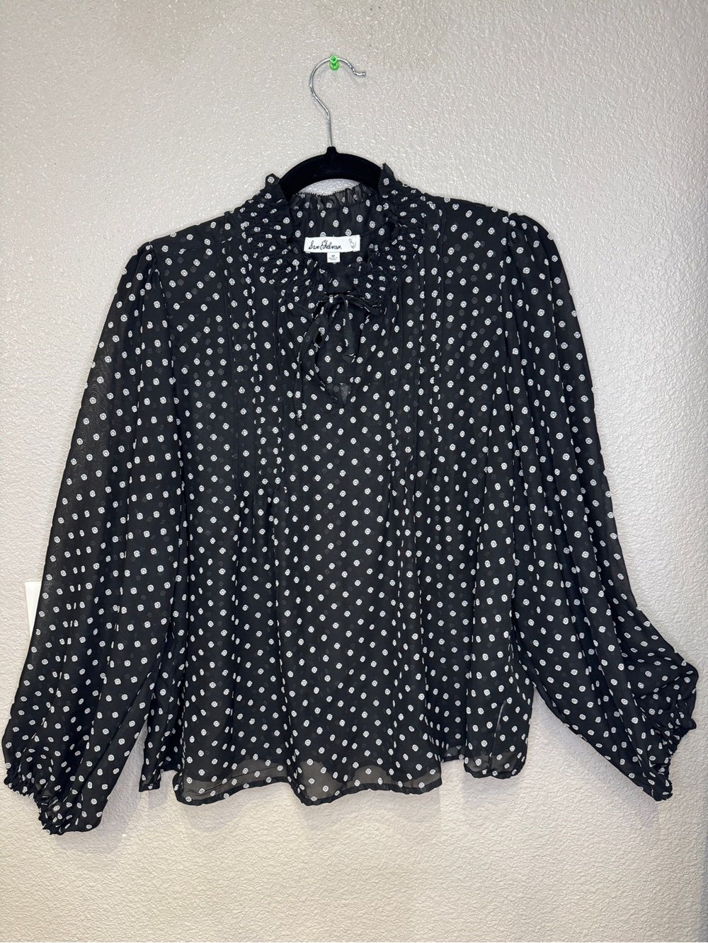Sam Edelman Black Swiss Dot Ruffle Tie Neck Blouse Sheer Balloon Sleeve Size M